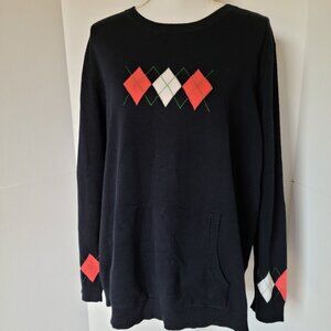 PRESWICK & MOORE WOMEN SPORT ARGYLE PULLOVER SWEATER-BLACK/SALMON/WHITE-…